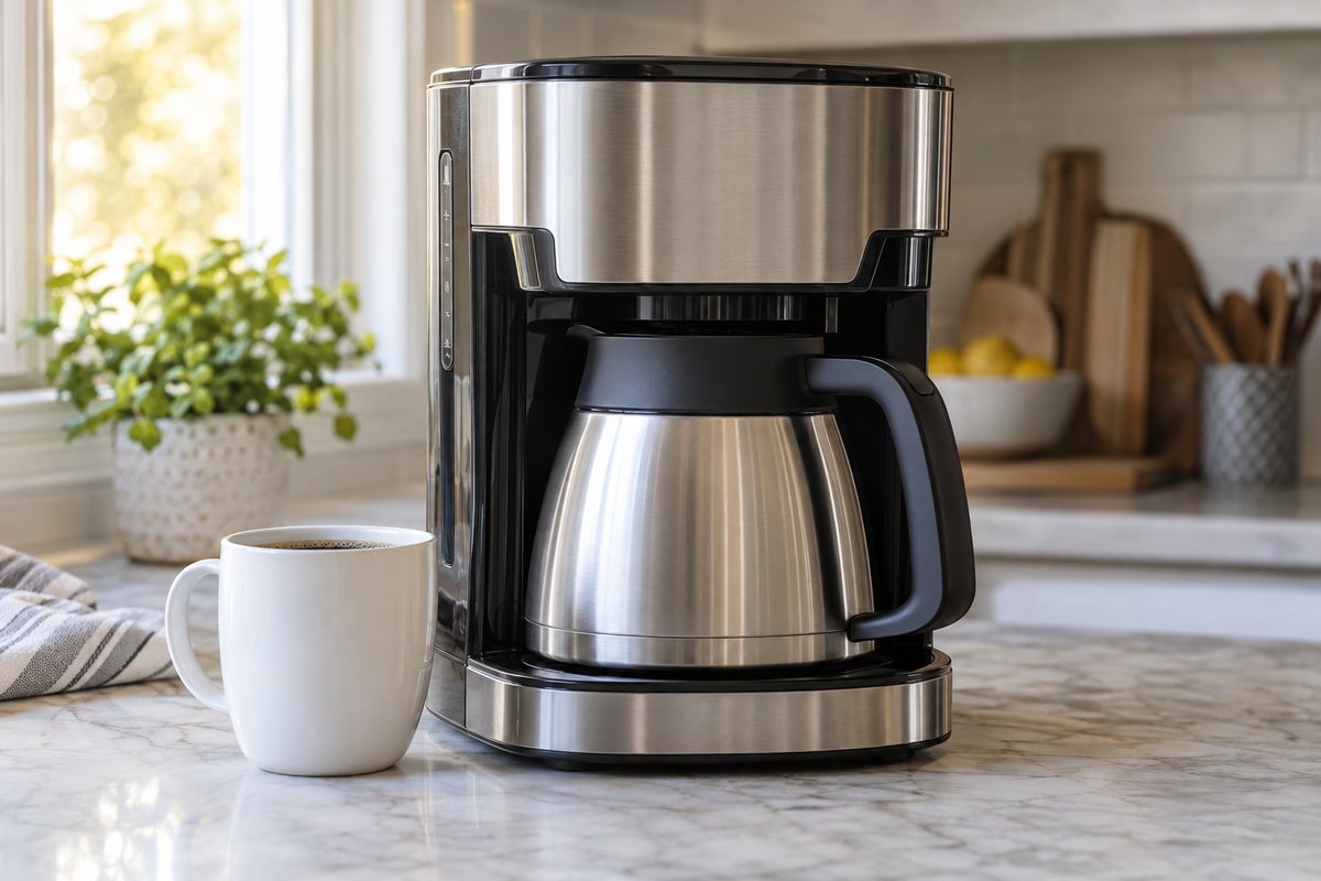 Automatic pour over coffee maker with a stainless steel thermal carafe on a marble kitchen counter next to a mug of black coffee