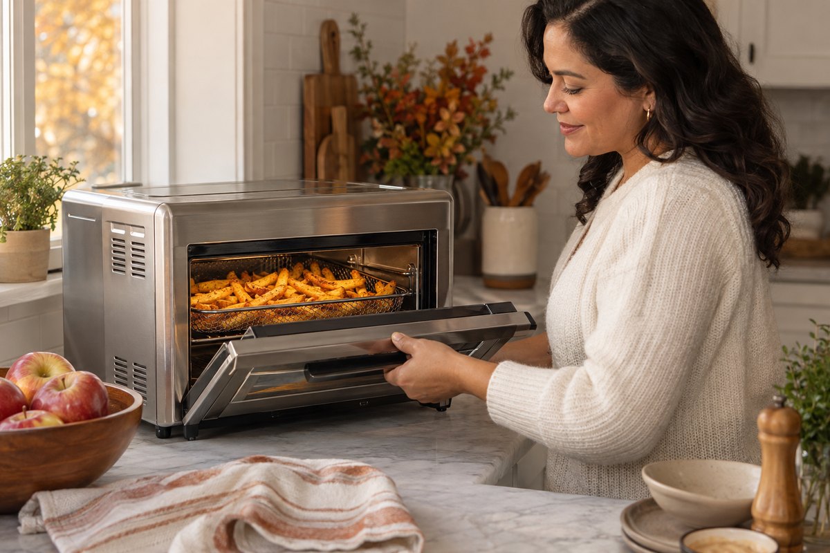 Best air fryer toaster oven: Hispanic woman in a cream sweater opening a stainless countertop oven to check golden fries in the air-fry basket, with a bowl of apples on a marble kitchen counter