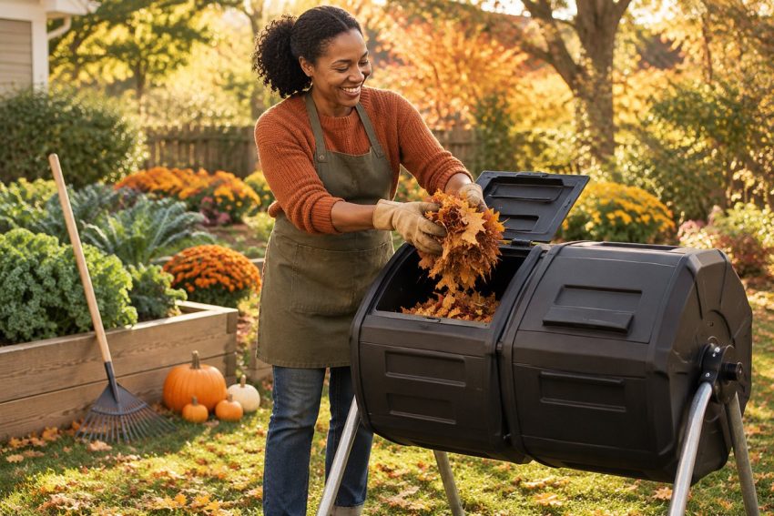 Best compost bin: smiling Black woman in a rust sweater and olive apron dropping an armful of fall leaves into a black dual-chamber compost tumbler beside raised garden beds and pumpkins