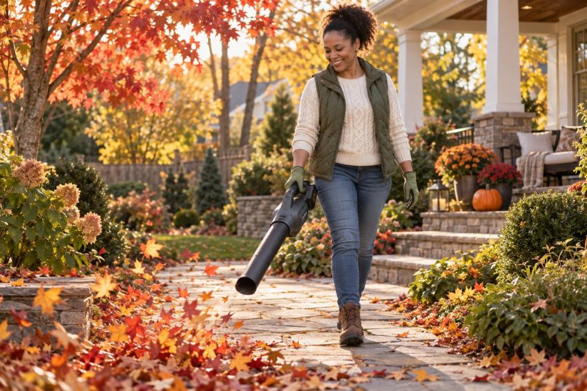 Best cordless leaf blower: smiling Black woman in a cream cable-knit sweater and olive vest clearing red and gold autumn leaves off a stone garden path with a lightweight battery leaf blower in golden October light