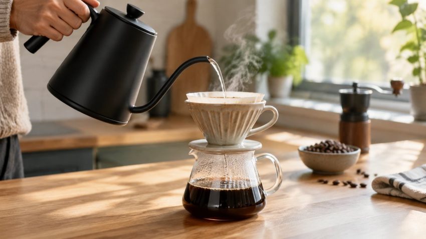 Best gooseneck kettle for pour-over coffee: a matte black electric gooseneck kettle pouring water into a ceramic dripper on a wooden kitchen counter