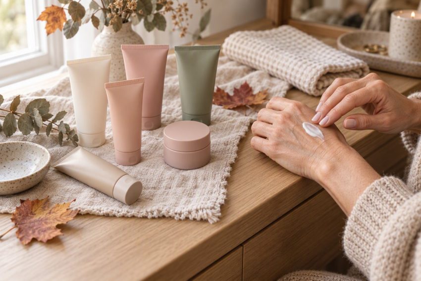 Best hand cream picks: unbranded hand cream tubes and a jar on a linen cloth on an oak vanity as a woman rubs cream into the back of her hand in soft autumn light