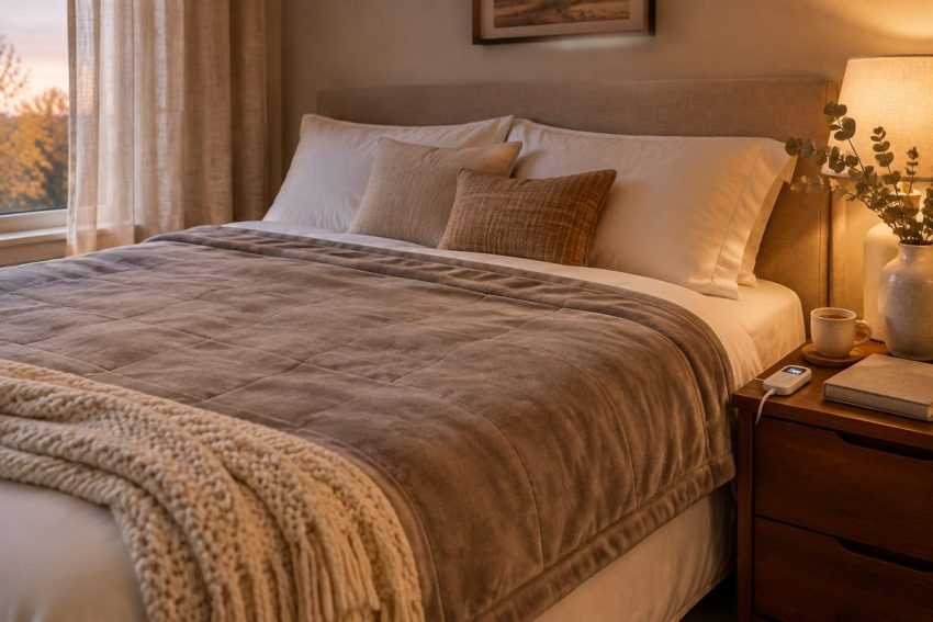 Best heated blanket on a queen bed: soft taupe fleece electric blanket with a digital controller on the nightstand in a cozy autumn bedroom