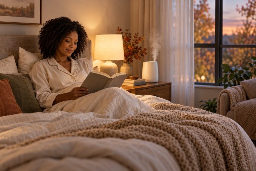 Best humidifier for bedroom: woman reading in bed in a cozy autumn bedroom while a plain white humidifier releases soft cool mist on the nightstand beside a glowing lamp