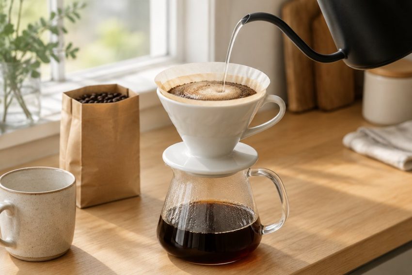 Best pour over coffee maker: white ceramic cone dripper on a glass carafe as a gooseneck kettle pours over blooming coffee grounds on a wooden counter