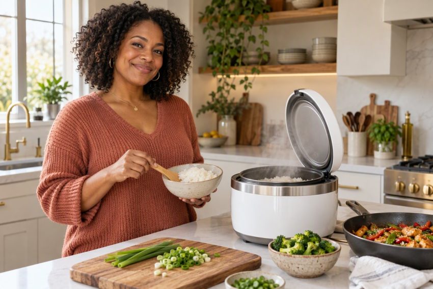 Best rice cooker: smiling Black woman in a terracotta sweater holding a bowl of fluffy white rice beside an open white rice cooker on a marble kitchen counter with a weeknight stir-fry