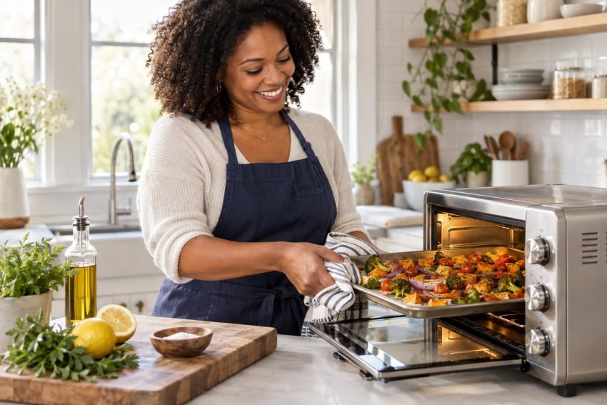 Best toaster oven: smiling Black woman in a navy apron sliding roasted vegetables from a stainless countertop toaster oven on a bright marble kitchen island