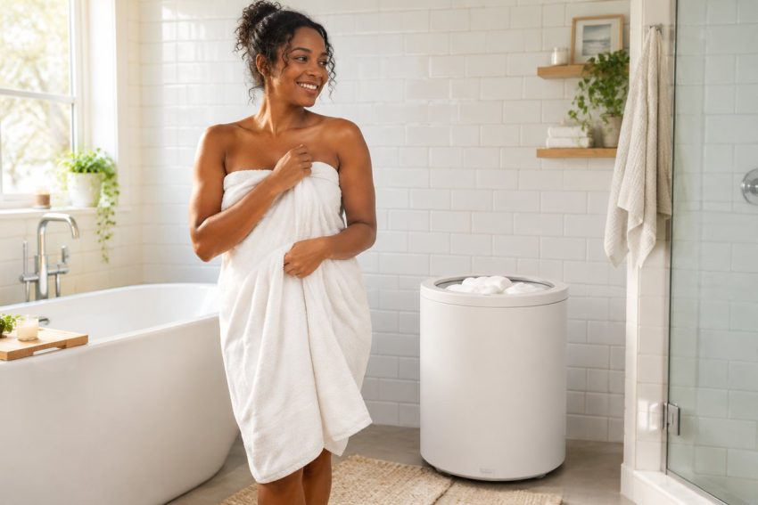 Best towel warmer: smiling Black woman in a cream robe wrapping herself in a fluffy warm white bath towel beside a plain white bucket towel warmer in a bright subway-tile bathroom