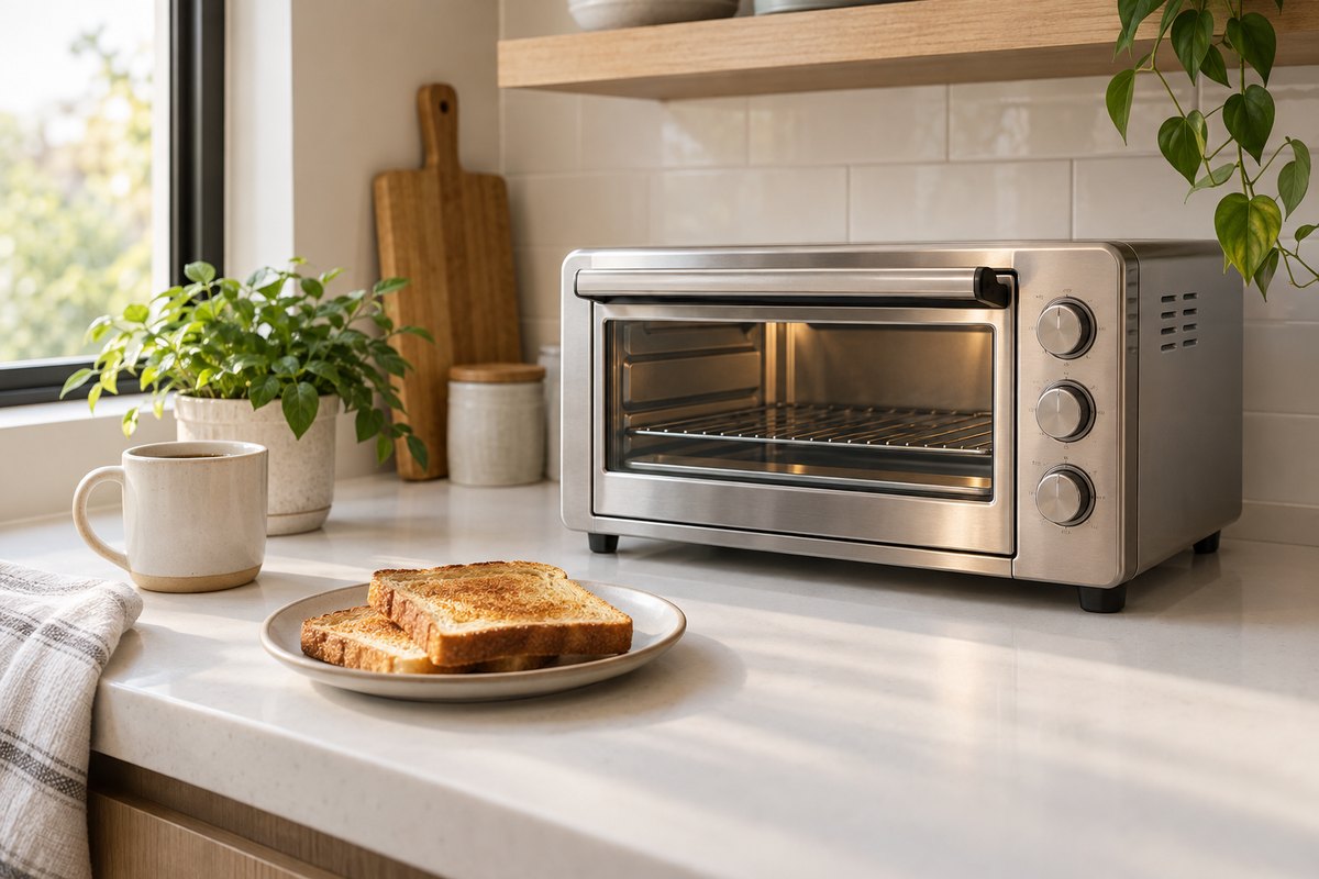 Compact toaster oven on kitchen counter: a small stainless countertop oven beside a mug of coffee, toast on a plate and a potted herb in a bright apartment kitchen