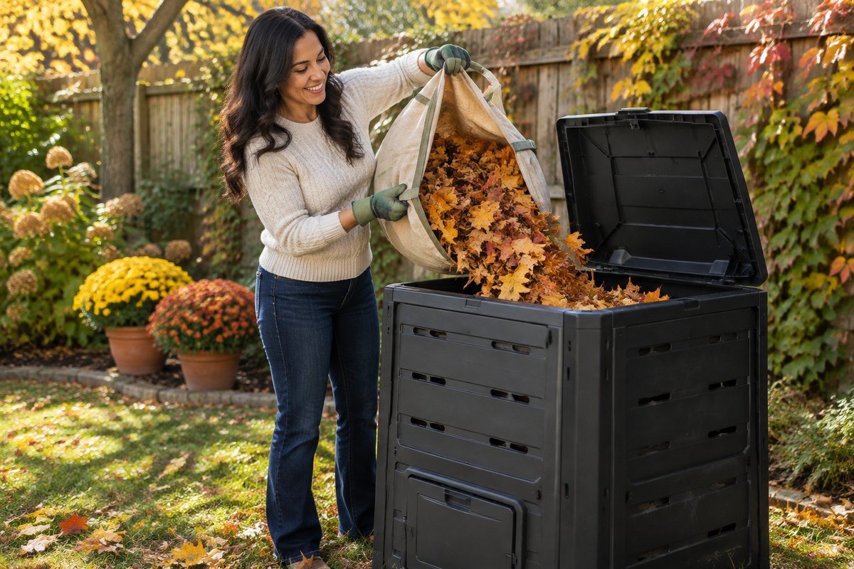 Compost bin for leaves: smiling Hispanic woman in a cream sweater and green gardening gloves tipping raked autumn leaves from a canvas tarp into a black enclosed stationary compost bin