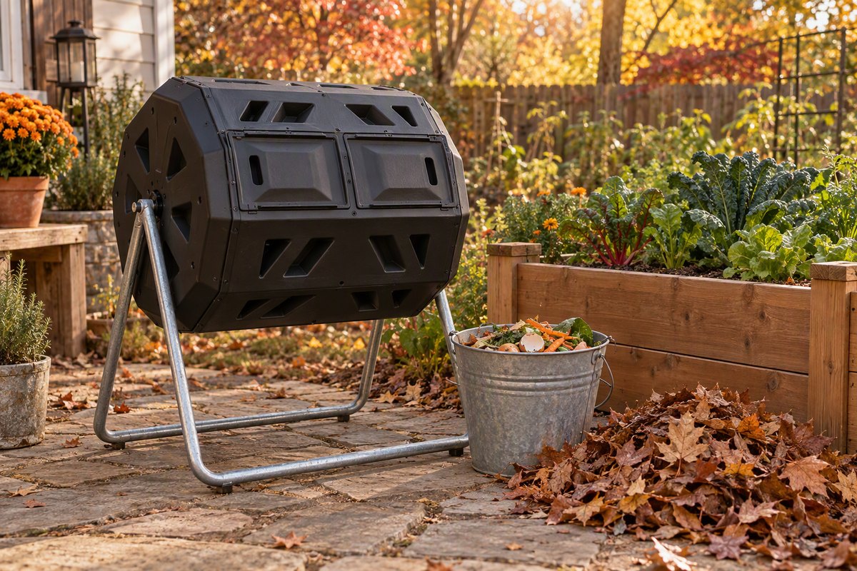 Compost tumbler backyard garden: plain black dual-chamber compost tumbler on a galvanized steel stand beside a raised cedar vegetable bed, a bucket of kitchen scraps and a pile of fall leaves