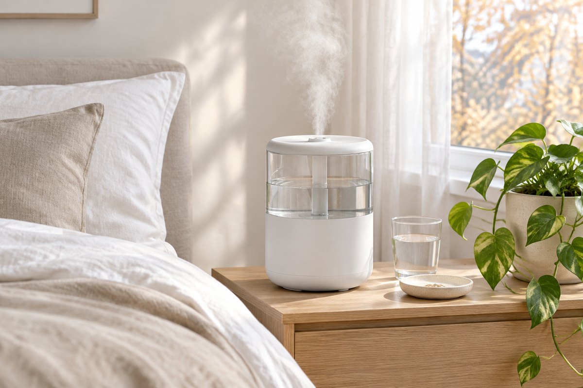 Cool mist humidifier for bedroom: a plain white humidifier releasing a soft plume of mist on a light oak nightstand beside a linen-covered bed, a glass of water and a pothos plant in autumn morning light
