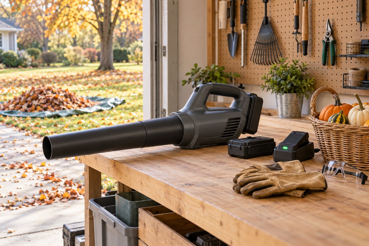 Cordless leaf blower with battery and charger: an unbranded battery leaf blower on a garage workbench beside two spare battery packs, a charger with a green light, garden gloves and safety glasses, with a leaf-covered lawn and a tarp of raked leaves outside