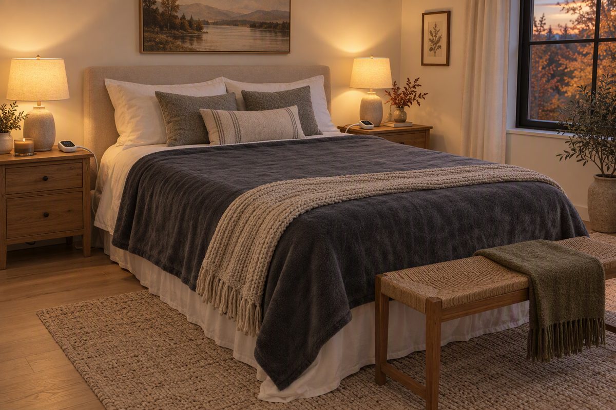 Dual-control heated blanket in queen size: charcoal flannel electric blanket on a made bed with a controller on each nightstand