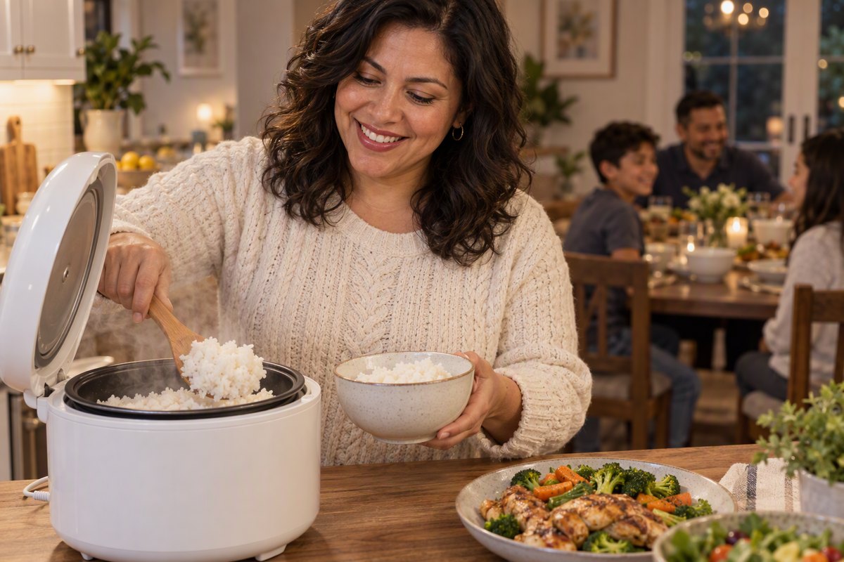 Fluffy rice in rice cooker: smiling Hispanic woman in a cream cable-knit sweater scooping steaming white rice from an open white rice cooker into a bowl, with family dinner in the background