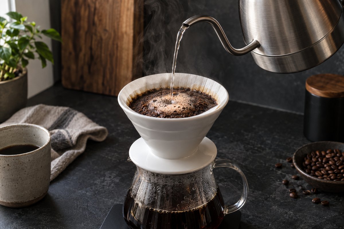 Stainless steel gooseneck kettle pouring a slow stream onto blooming coffee grounds in a white pour-over dripper