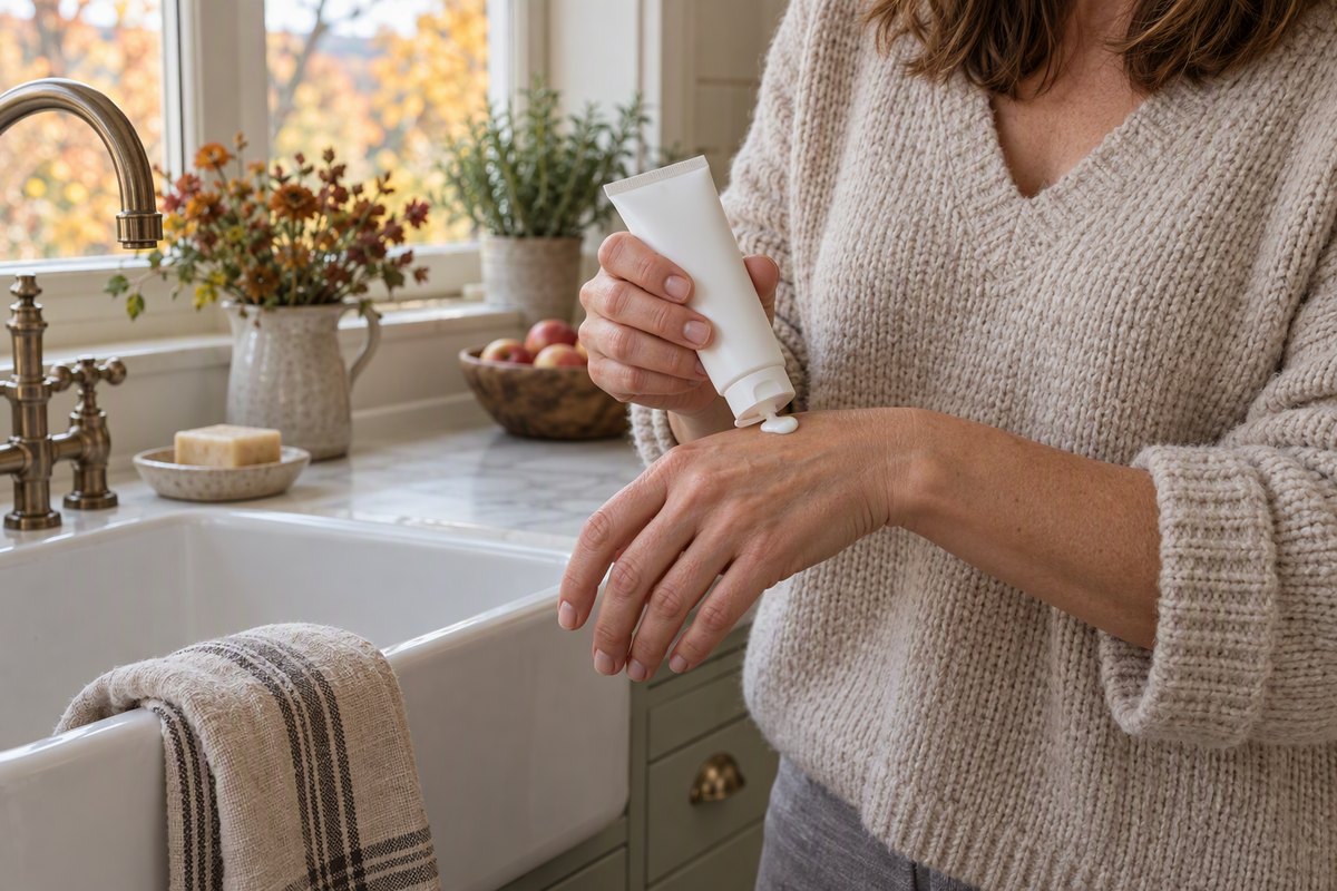 Hand cream for dry cracked hands: woman in a cozy knit sweater squeezing a white hand cream tube onto the back of her hand at a farmhouse kitchen sink with fall leaves outside the window