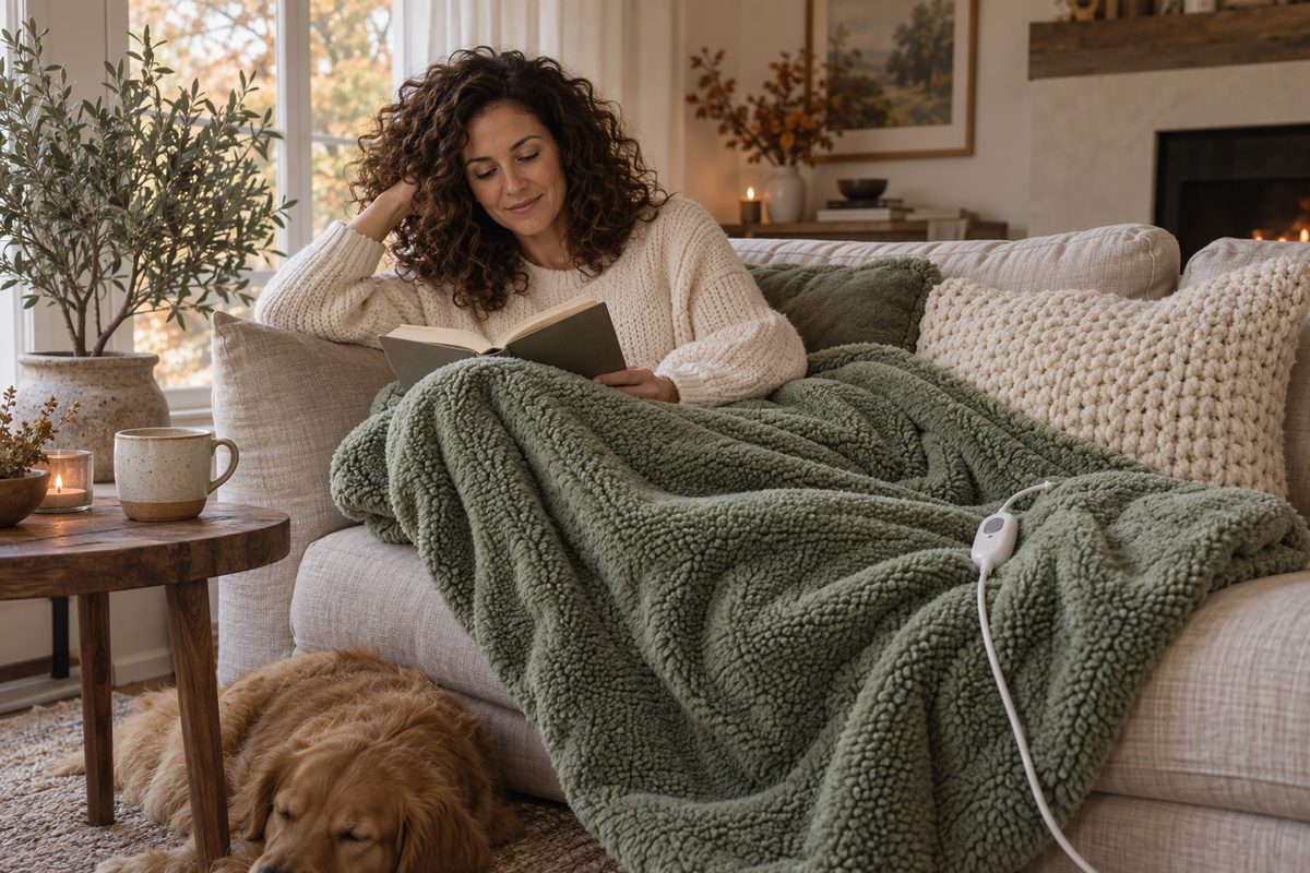 Woman relaxing on a linen sofa under a sage green sherpa heated throw blanket with its corded controller, reading a book in a cozy fall living room