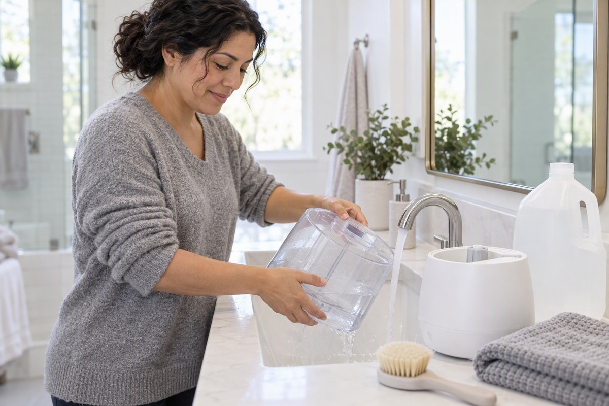 How to clean a humidifier: woman in a gray sweater rinsing a clear humidifier water tank at a bright bathroom sink with the humidifier base, a cleaning brush and a jug of distilled water on the counter