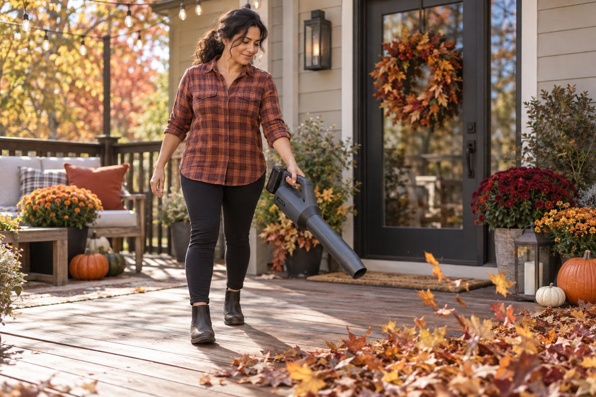 Lightweight cordless leaf blower: Hispanic woman in a rust flannel shirt holding a compact battery leaf blower at her side as she clears autumn leaves off a wooden back deck decorated with mums, pumpkins and a fall wreath