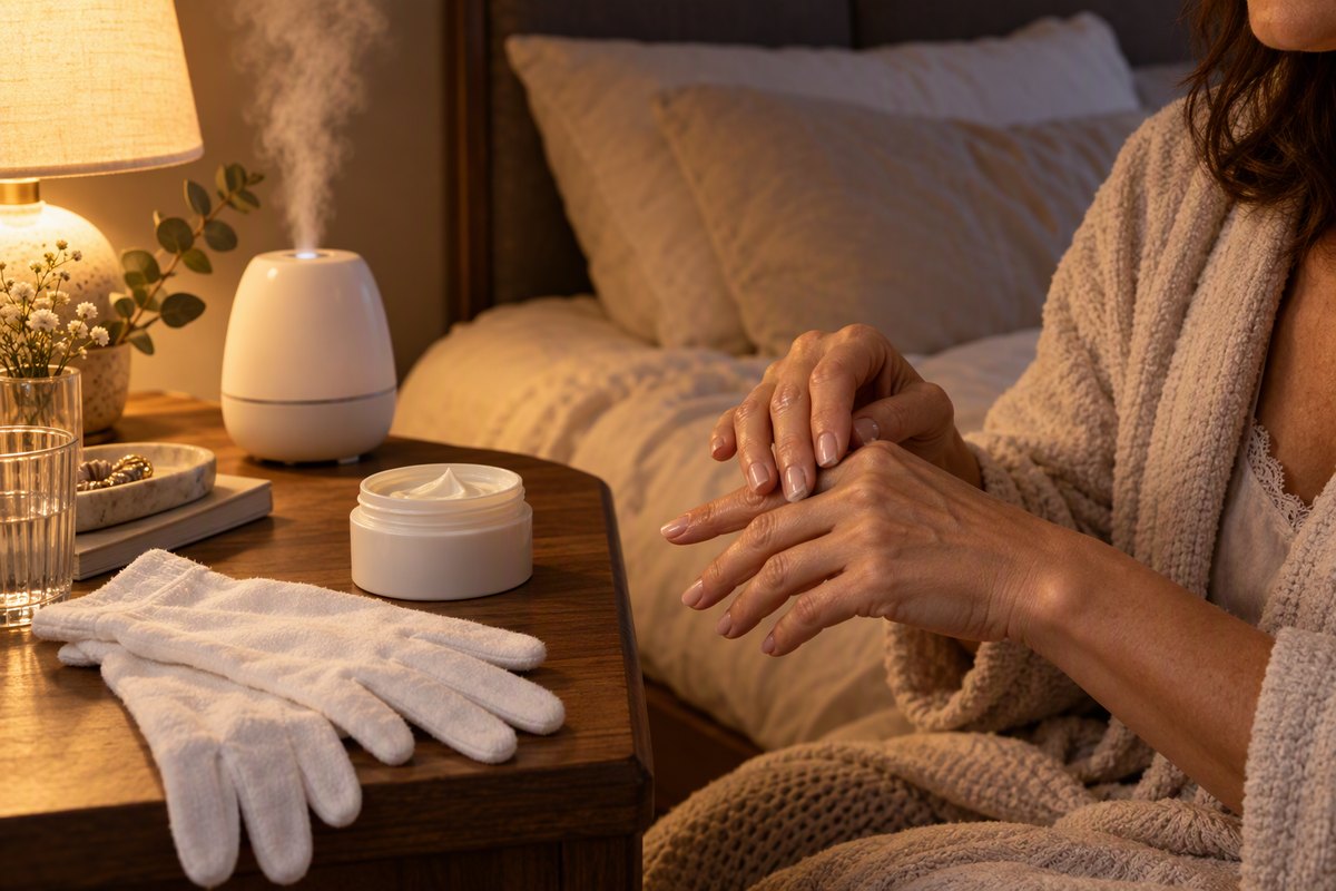 Overnight hand cream routine: woman massaging rich cream into her hands at bedtime beside a nightstand with an open jar of hand cream, white cotton gloves and a cool-mist humidifier