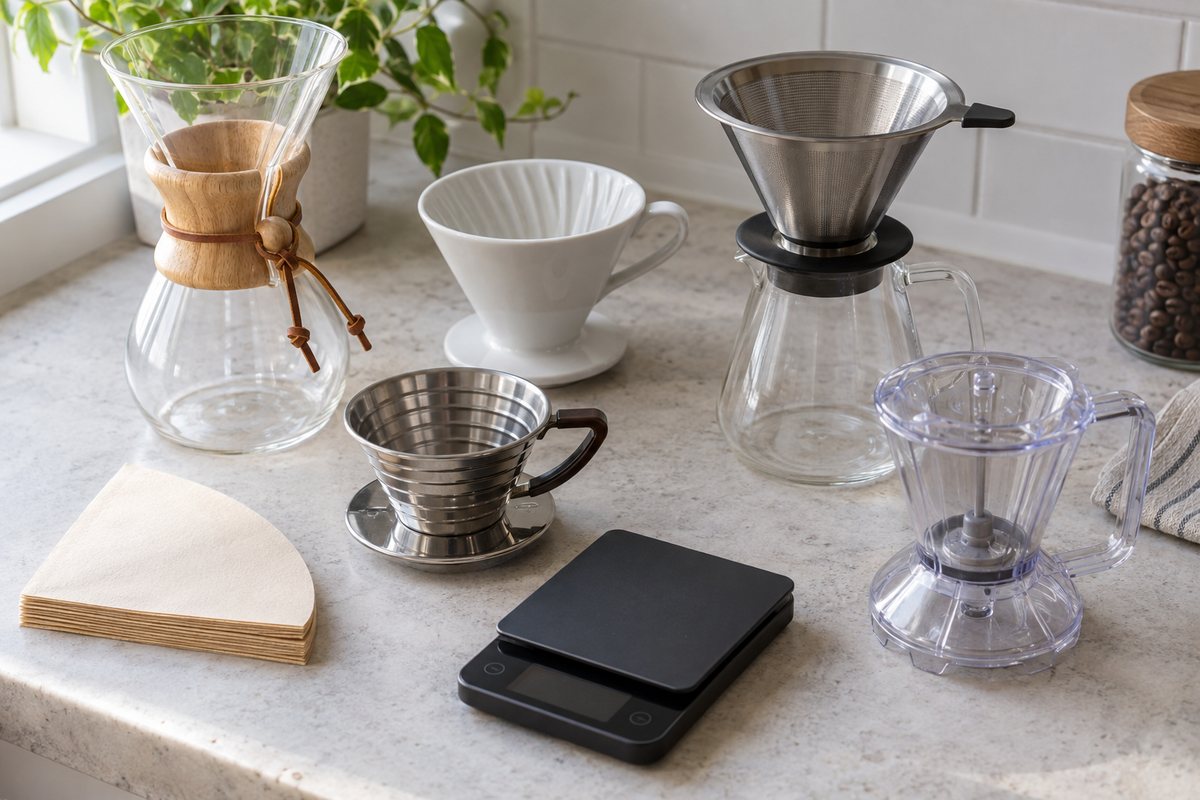 Pour over coffee makers compared on a kitchen counter: Chemex-style glass carafe, ceramic cone dripper, flat-bottom stainless steel dripper, glass carafe with metal mesh filter and a clear immersion dripper