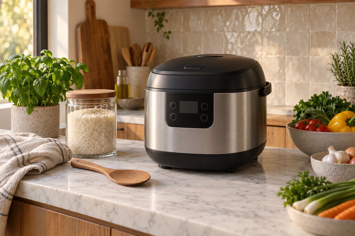Rice cooker on kitchen counter: plain black and brushed stainless digital rice cooker on a white marble counter beside a glass jar of dry rice, a wooden rice paddle and a bowl of fresh vegetables