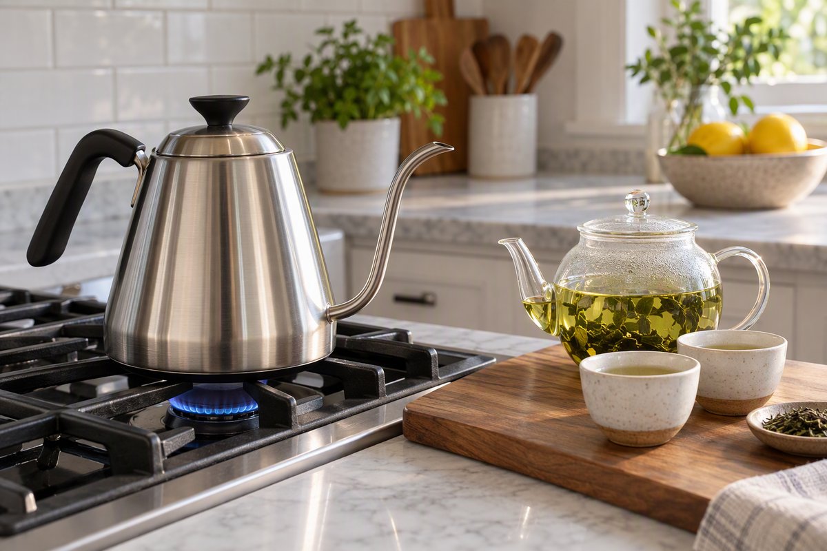 Stainless steel stovetop gooseneck kettle on a gas burner next to a glass teapot of green tea and ceramic cups