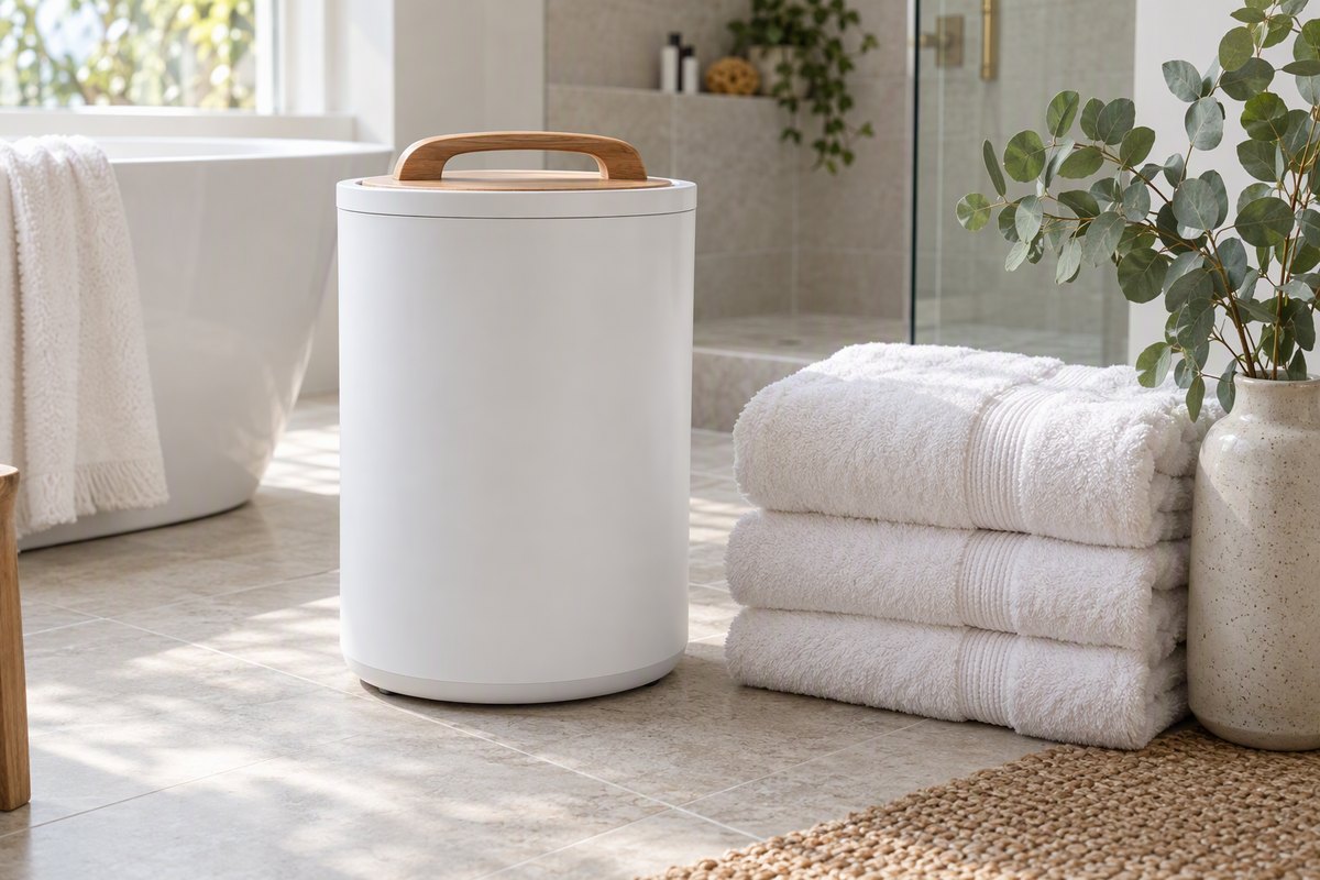 Towel warmer bucket bathroom: plain white cylindrical bucket-style towel warmer with a wood-tone lid beside stacked fluffy white bath towels and eucalyptus on light bathroom tile